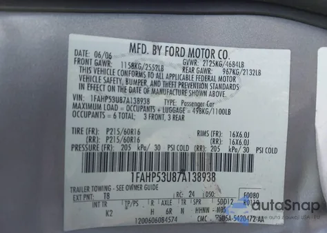 2007 Ford Taurus Se из США, поврежденный, VIN 1FAHP53U87A138938